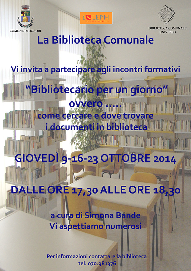 Incontri formativi Bibliotecario per un giorno - Donori - 9, 16 e 23 Ottobre 2014 - ParteollaClick