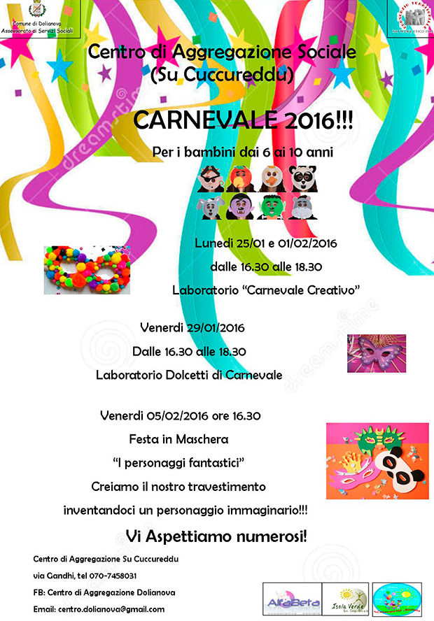 Carnevale 2016 per bambini da 6 a 10 anni - Dolianova - 25 e 29 Gennaio, 1 e 5 Febbario 2016 - ParteollaClick