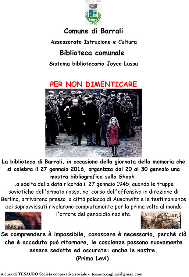 Banner Per non dimenticare, mostra bibliografica sulla Shoah - Barrali - Dal 20 al 30 Gennaio 2016 - ParteollaClick