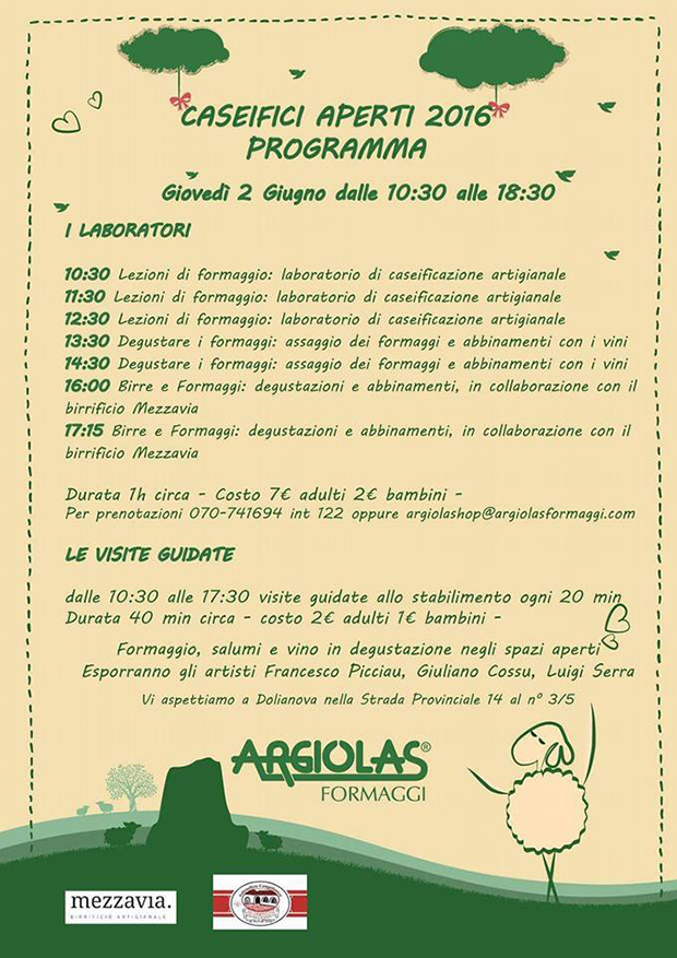 Programma Argiolas Formaggi Caseifici Aperti 2016 - Dolianova - Giovedì 2 Giugno 2016 - ParteollaClick