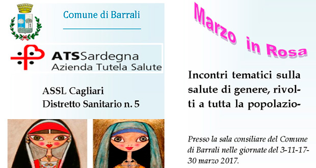 Banner Marzo in Rosa 2017, incontri sulla salute di genere e prevenzione - Barrali, Sala Consiliare - 3, 11, 17 e 30 Marzo 2017 - ParteollaClick