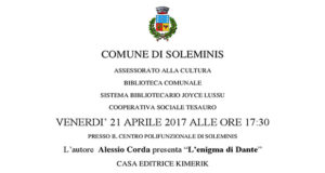 Banner Presentazione del libro L'Enigma di Dante di Alessio Corda - Soleminis, Centro Polifunzionale, Via Sirios 1 - 21 Aprile 2017 - ParteollaClick