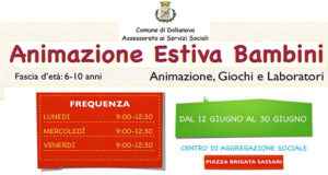 Banner Animazione Estiva 2017, per bambini dai 6 ai 10 anni, al Centro di Aggregazione Sociale - Dolianova, Piazza Brigata Sassari - Dal 12 al 30 Giugno 2017 - ParteollaClick