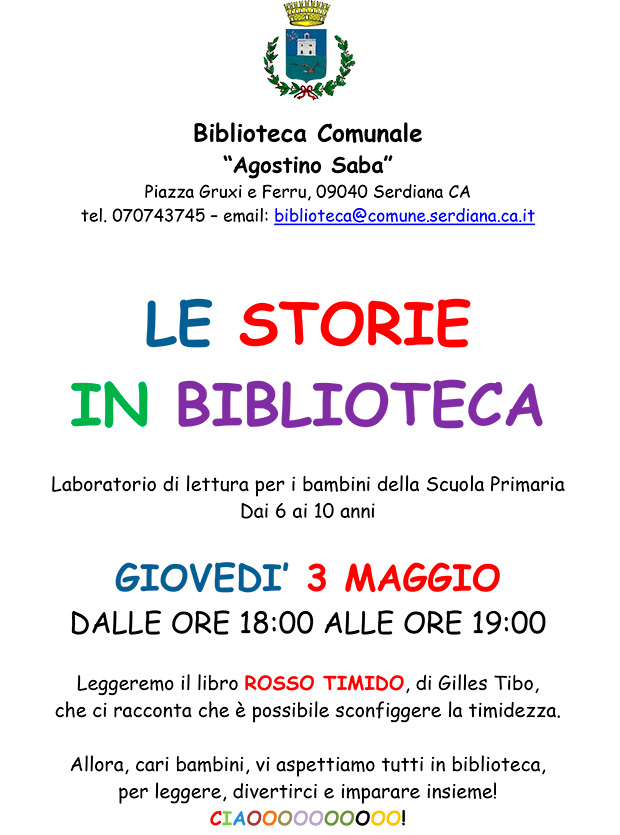 Banner Le Storie in Biblioteca, laboratorio di lettura del libro Rosso Timido - Serdiana, Biblioteca Comunale - 3 Maggio 2018 - ParteollaClick