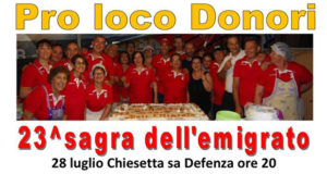 Banner 23ª Sagra dell'Emigrato, cena con degustazioni di prodotti locali - Donori, Parco della Chiesetta di Sa Defenza - 28 Luglio 2018 - ParteollaClick