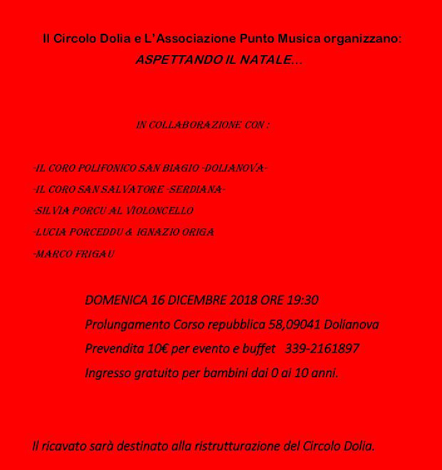 Aspettando il Natale 2018 - Dolianova, Circolo Dolia, Corso Repubblica 58 - Domenica 16 Dicembre 2018 alle ore 19:30 - Spettacolo musicale con cena a buffet