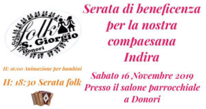 Banner TUTTI INSIEME PER INDIRA, serata folk di beneficenza al Salone Parrocchiale - Donori - 16 Novembre 2019 - Gruppo Folk Parrocchiale San Giorgio Donori